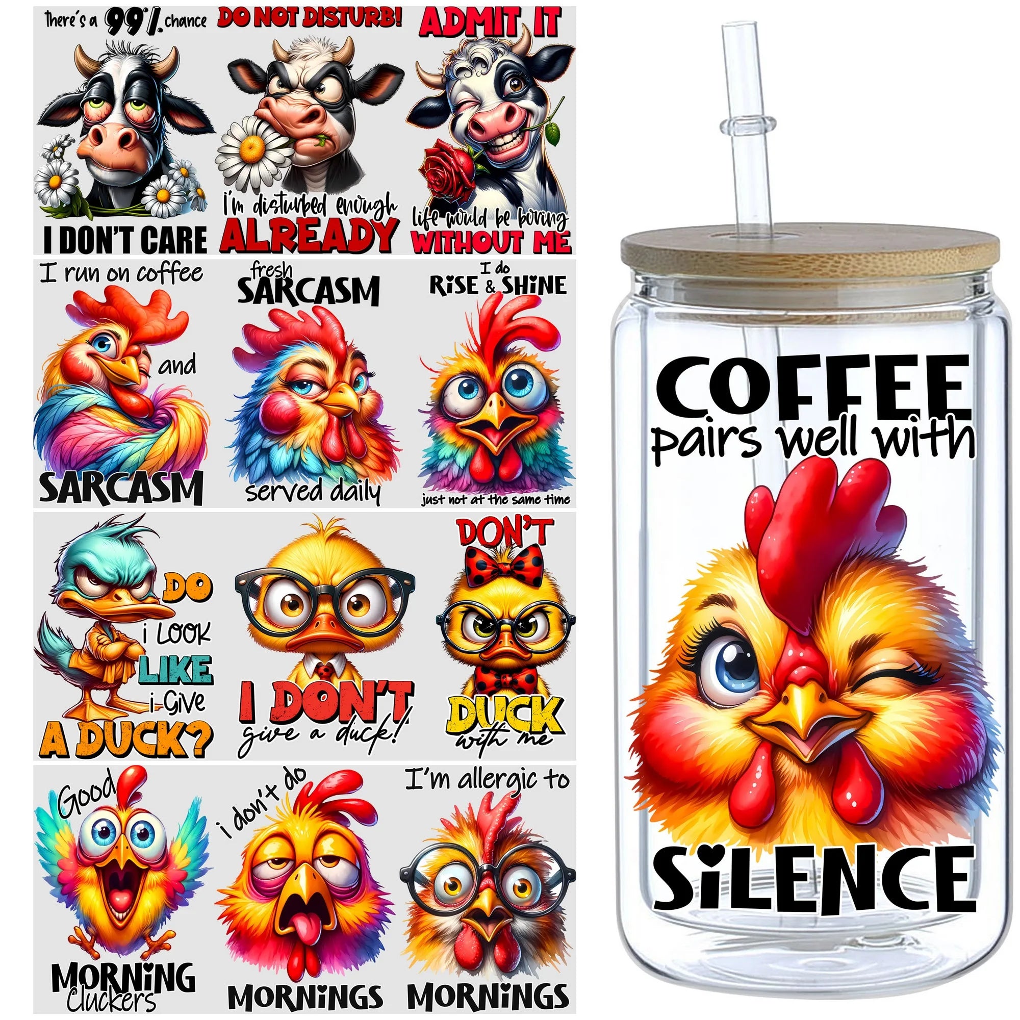 5 sheets animal UV DTF cup packaging suitable for 16oz glass cups, waterproof UV DTF stickers suitable for 16oz glass cups
