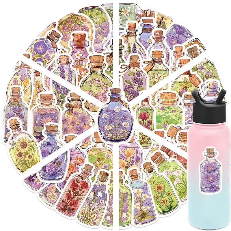 10/30/50PCS Kawaii Flower Bottle PVC Sticky Sticker Aesthetic Children's Stationery DIY Decoration Scrapbooking School Supplies