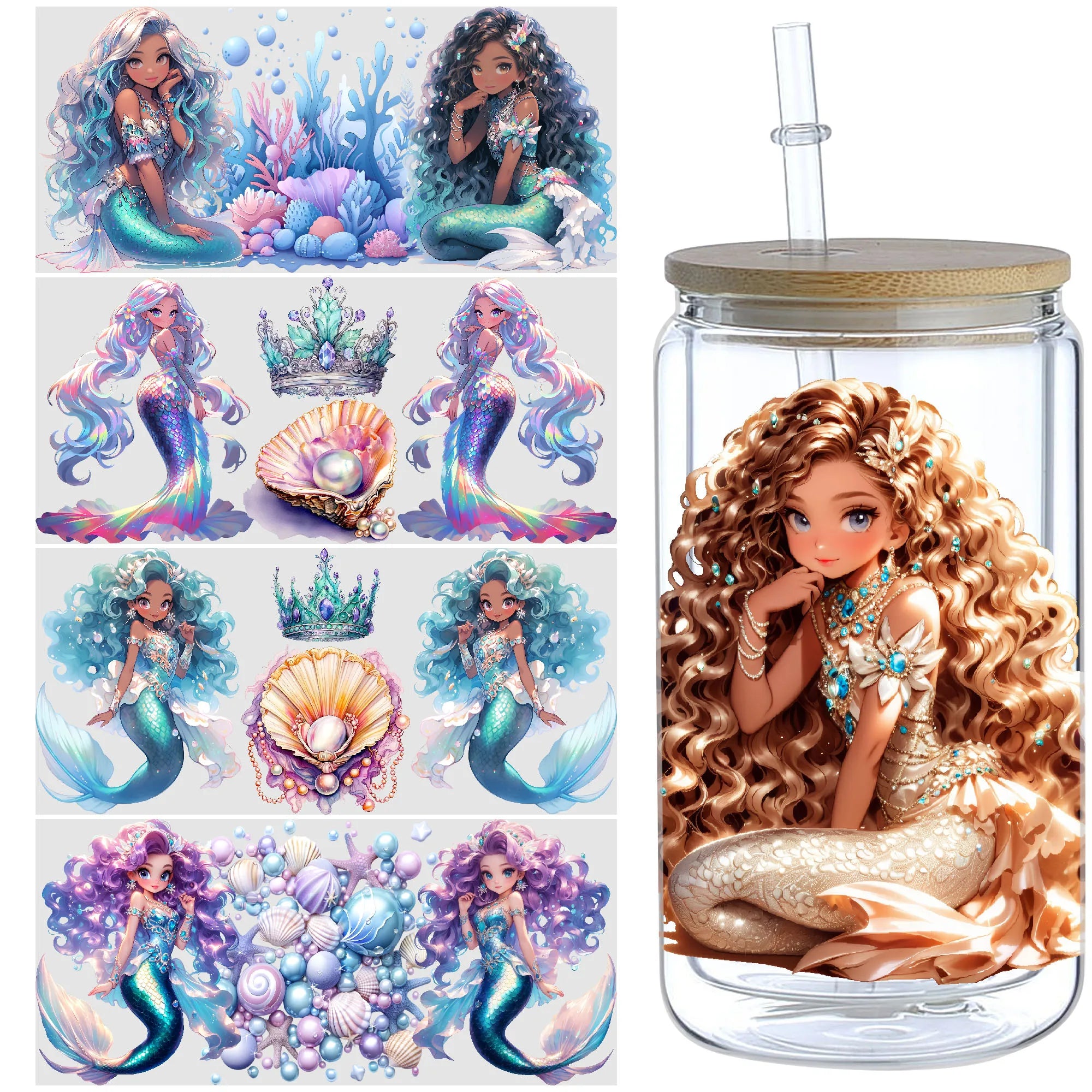 5 Sheets Mermaid UV DTF Glass Cup Wrap Transfer Stickers, DTF Transfer Stickers, Waterproof Wipe-Off Transfer Stickers