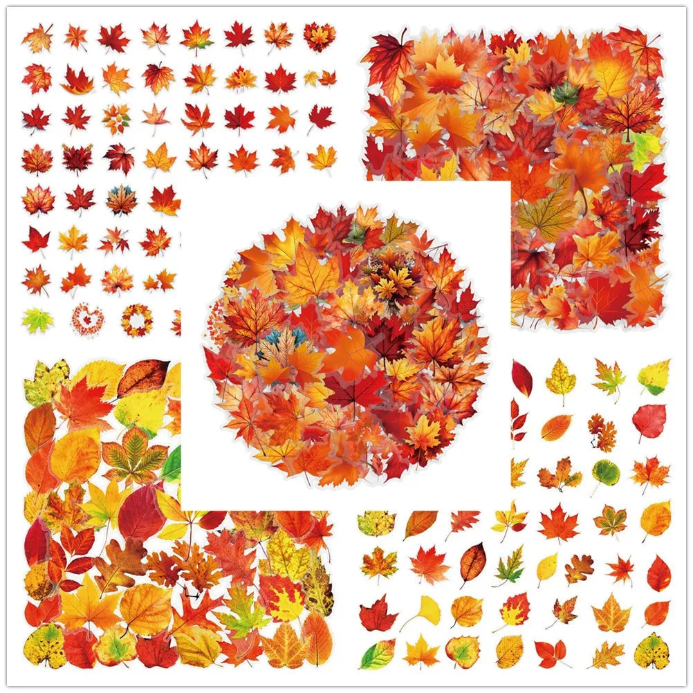 110PCS Falling Leaf Maple Leaf Stickers Transparent PET Waterproof DIY Handbook Material Mobile Notebook Decorative Stickers