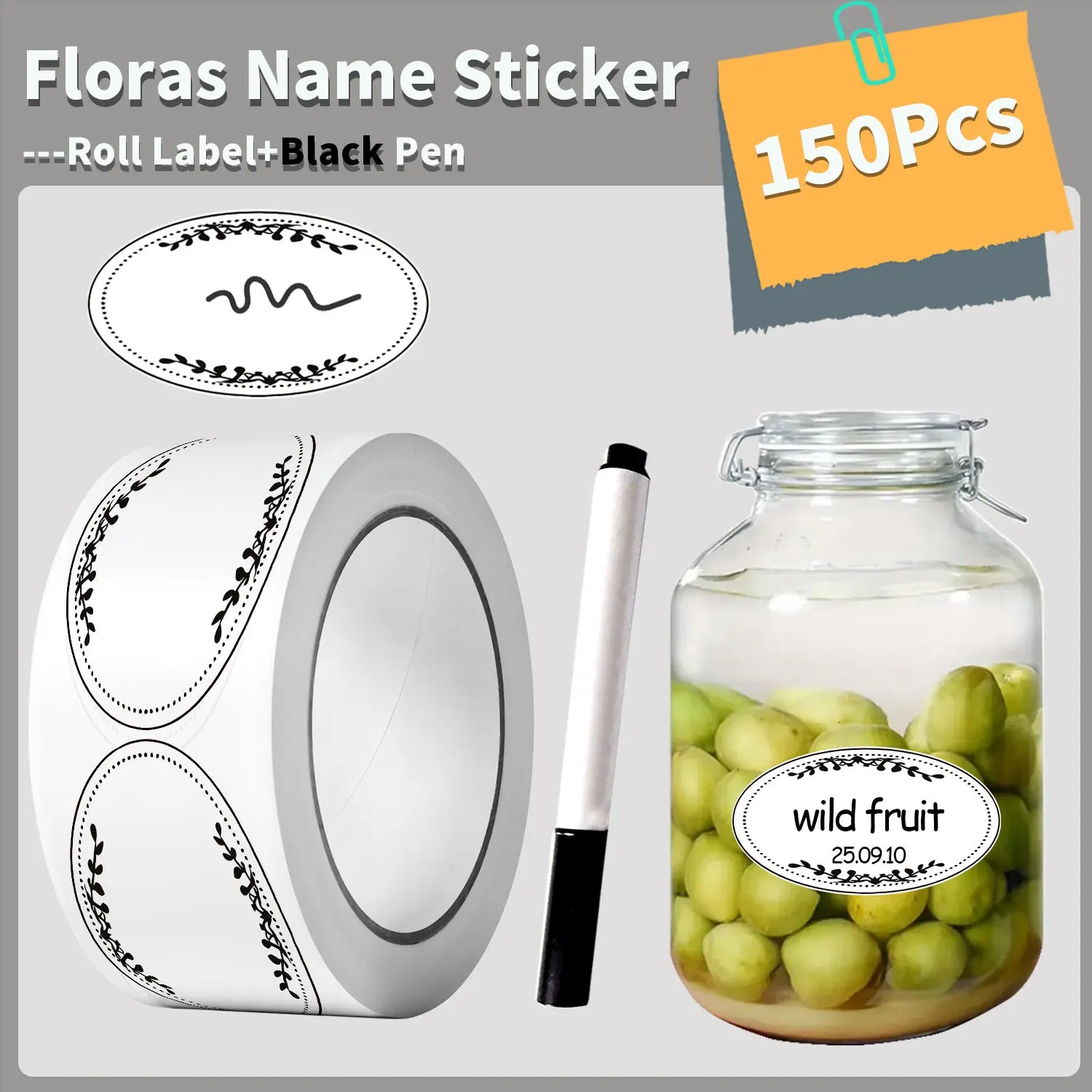 1Roll(150Pcs) Floras Writing Name Stickers With Black Marker Pen 0.98*1.57'' Satety Date Freezer Pantry Index Labels Sealing Tag