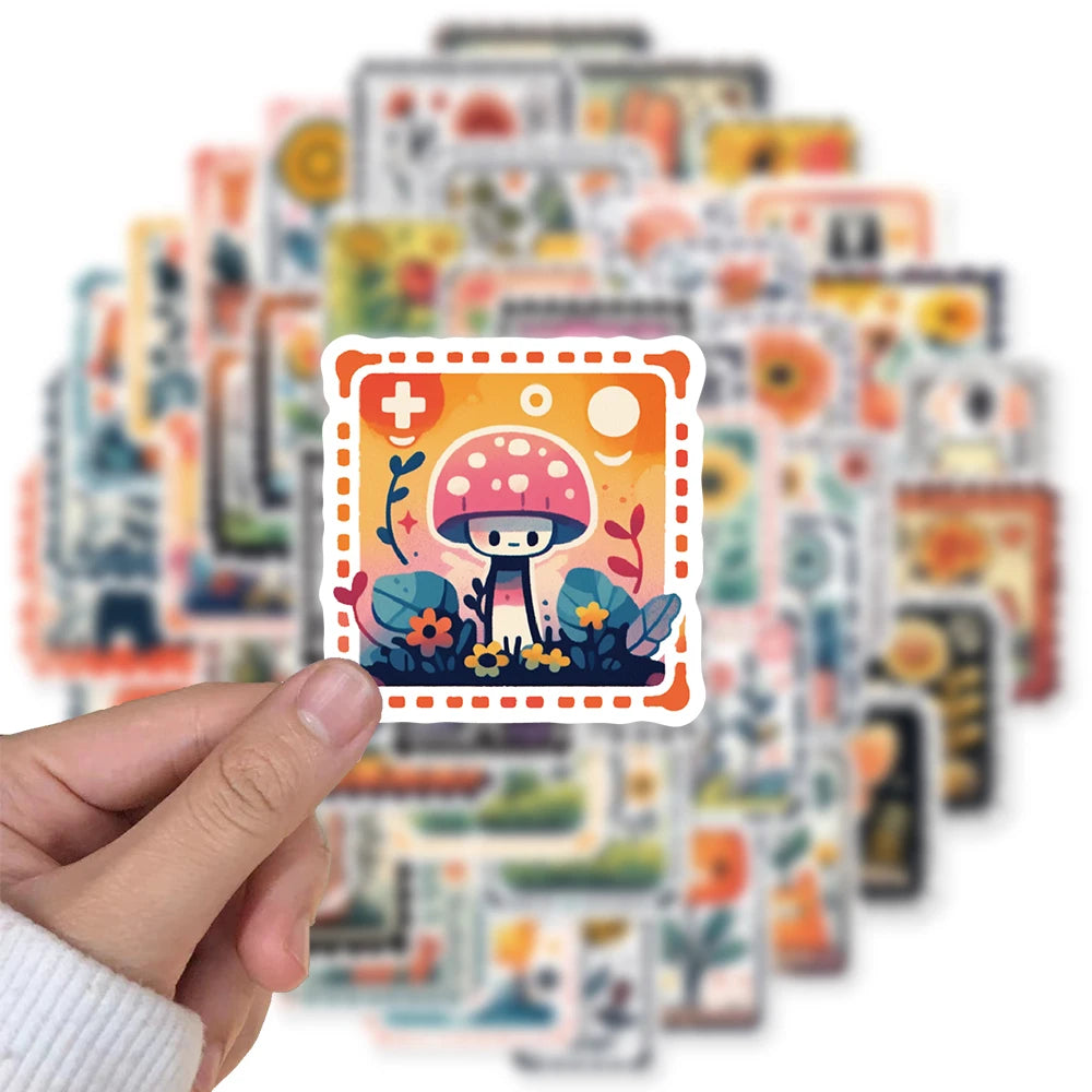 50PCS Creative Stamp Stickers Fashion Streetwear Laptop Phone FashionWaterproof Graffiti  Sunflower Scrapbook Desktop Sticker