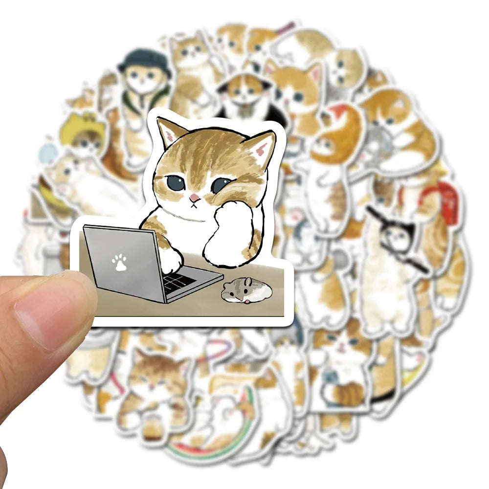 64PCS Cute Cat Animal Cartoon Stickers Fun Stickers DIY Manual Scrapbook Fixed Phone Laptop Stickers Toys