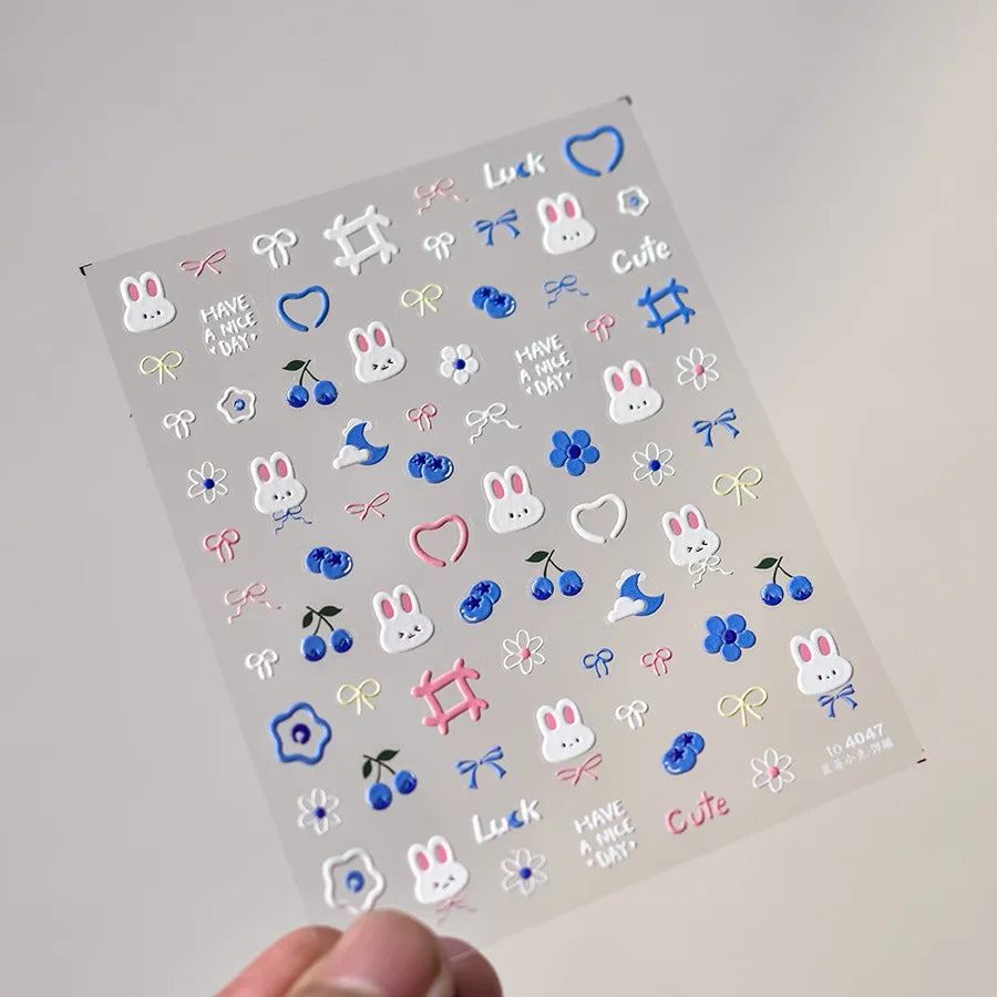 1pcs 5D Kawaii Rabbit Nail Stickers Embossed Cartoon Pink Blue Flower Adhesive Nail Art Decorations Decals Slider DIY Accessory