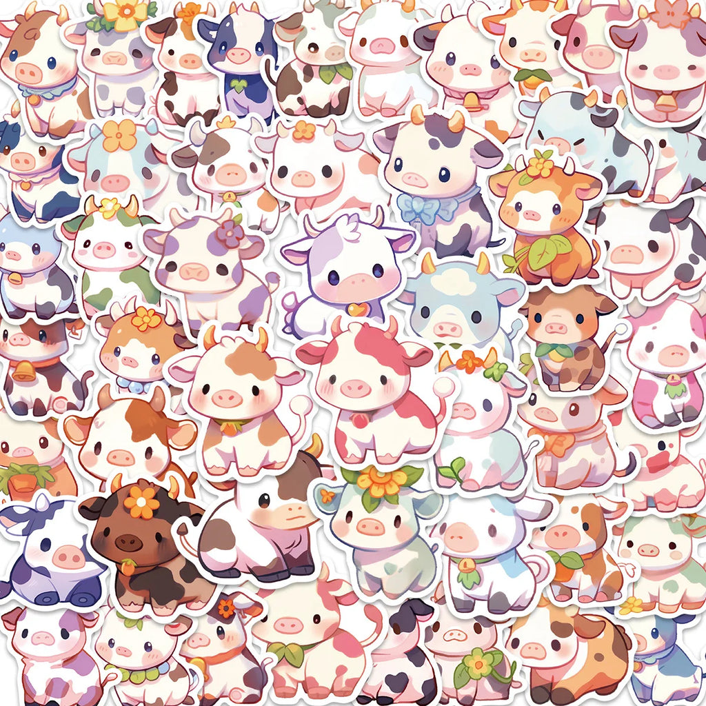50pcs Rainbow Cow Cartoon Decals Graffiti Vinyl Waterproof Stickers for Adults Teen Decorated Suitcase Water Bottle DIY Phone