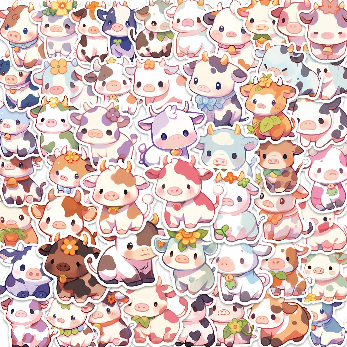 50pcs Rainbow Cow Cartoon Decals Graffiti Vinyl Waterproof Stickers for Adults Teen Decorated Suitcase Water Bottle DIY Phone