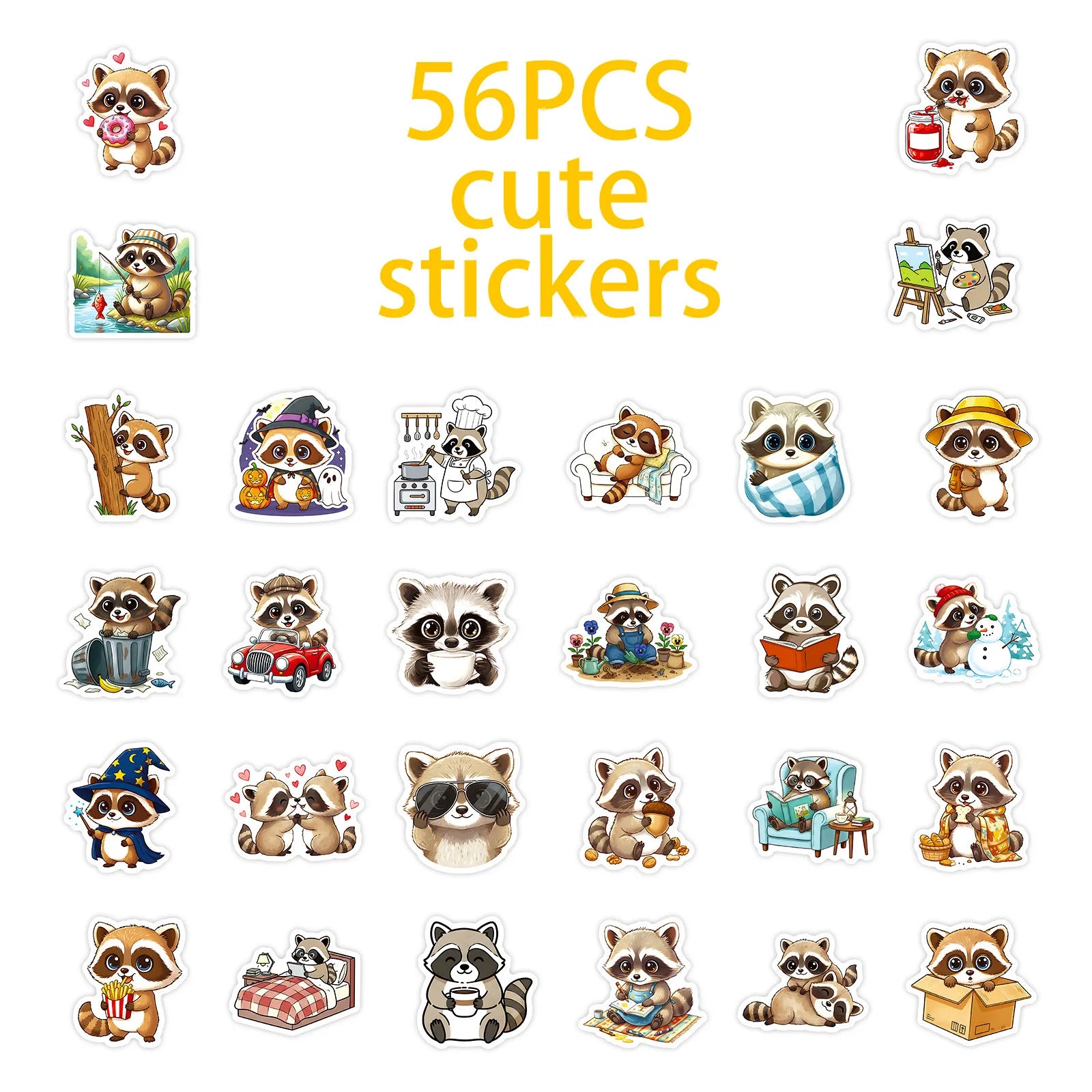 56/112PCS Cute Cartoon Raccoon Graffiti Stickers Luggage Skateboard Decoration Stickers