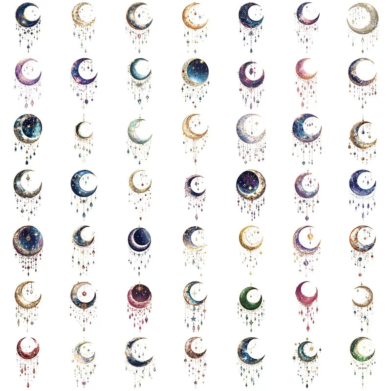 50PCS Dreamy Starry Moon PET Sticky Sticker Aesthetic Tear Open DIY Decoration Scrapbooking School Stationery Supplies for Kids
