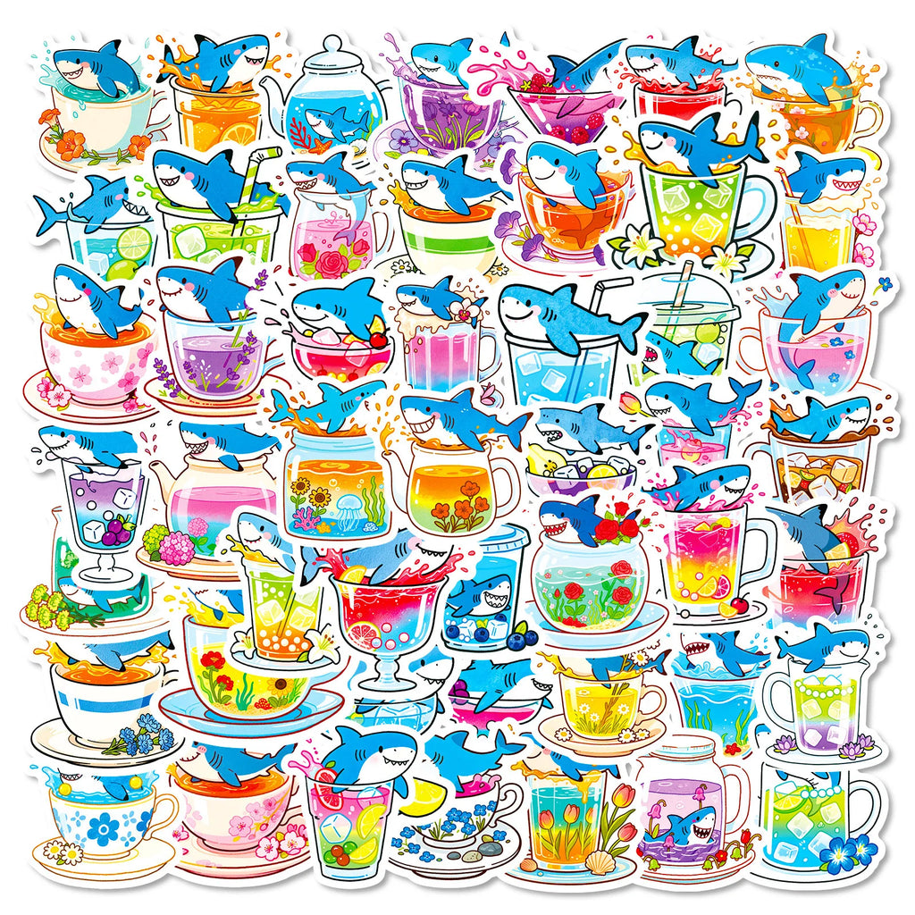 56PCS Cute Shark Cup Graffiti Stickers Creative Cartoon Shark Account Helmet Decoration Stickers