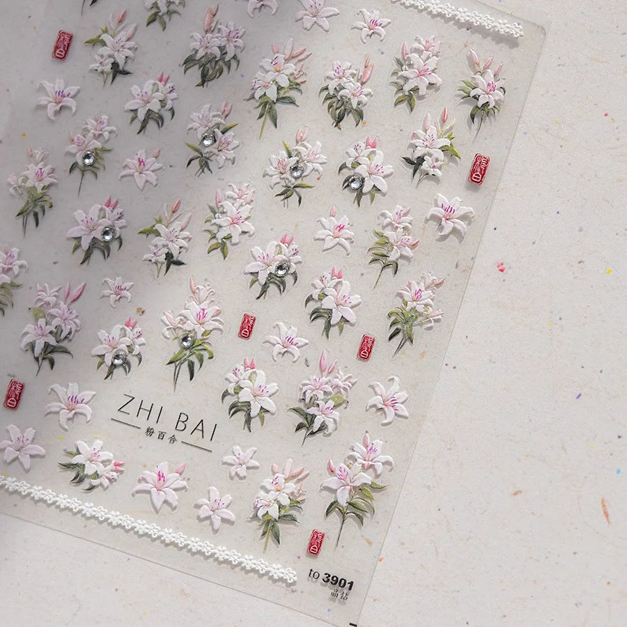 Classic White Flowers Nail Charms Stickers 5D Embossed Pearls Flowers Ribbon Design Nail Art Stickers DIY 3D Manicure Decoration