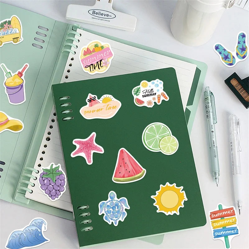 10/30/50PCS Pink Happy Summer PVC Sticky Sticker Aesthetic DIY Decoration Scrapbooking Children's School Supplies