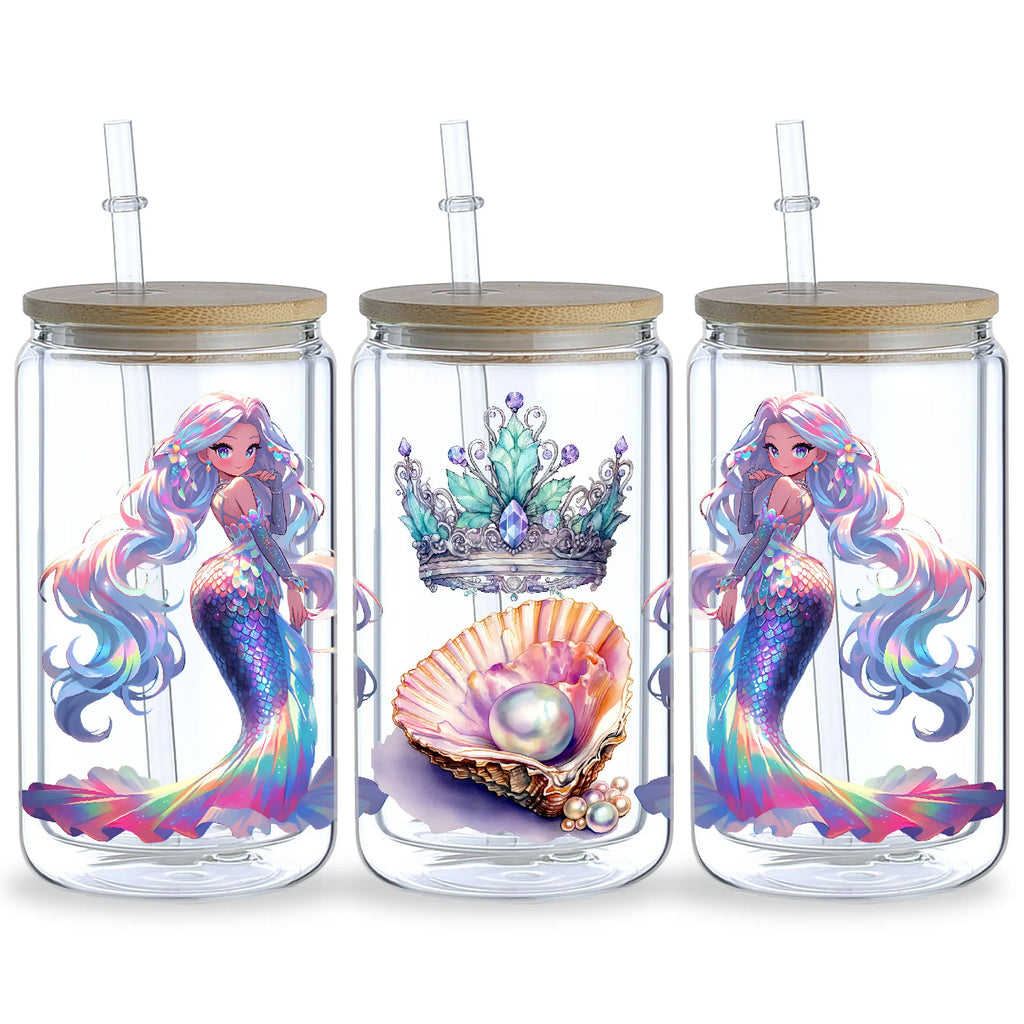5 Sheets Mermaid UV DTF Glass Cup Wrap Transfer Stickers, DTF Transfer Stickers, Waterproof Wipe-Off Transfer Stickers