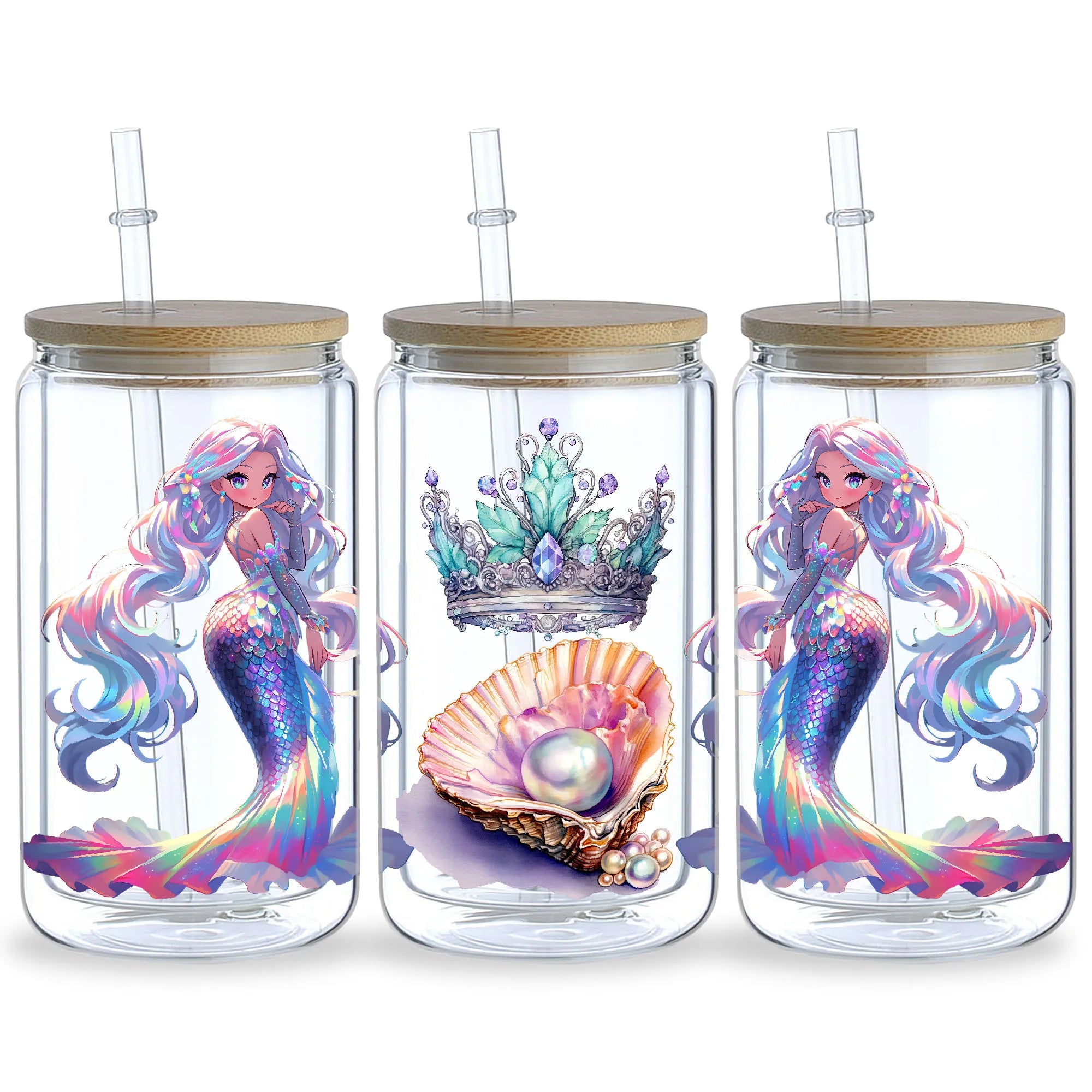 5 Sheets Mermaid UV DTF Glass Cup Wrap Transfer Stickers, DTF Transfer Stickers, Waterproof Wipe-Off Transfer Stickers