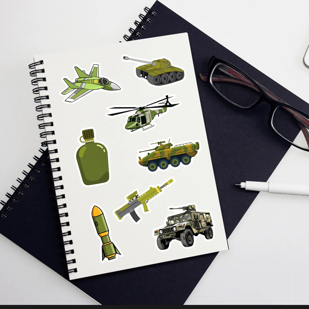 50-Pack Military Tank Missile Helicopter Decals Camouflage Gear Waterproof Stickers for Water Bottles Skateboards Guitars Helmet