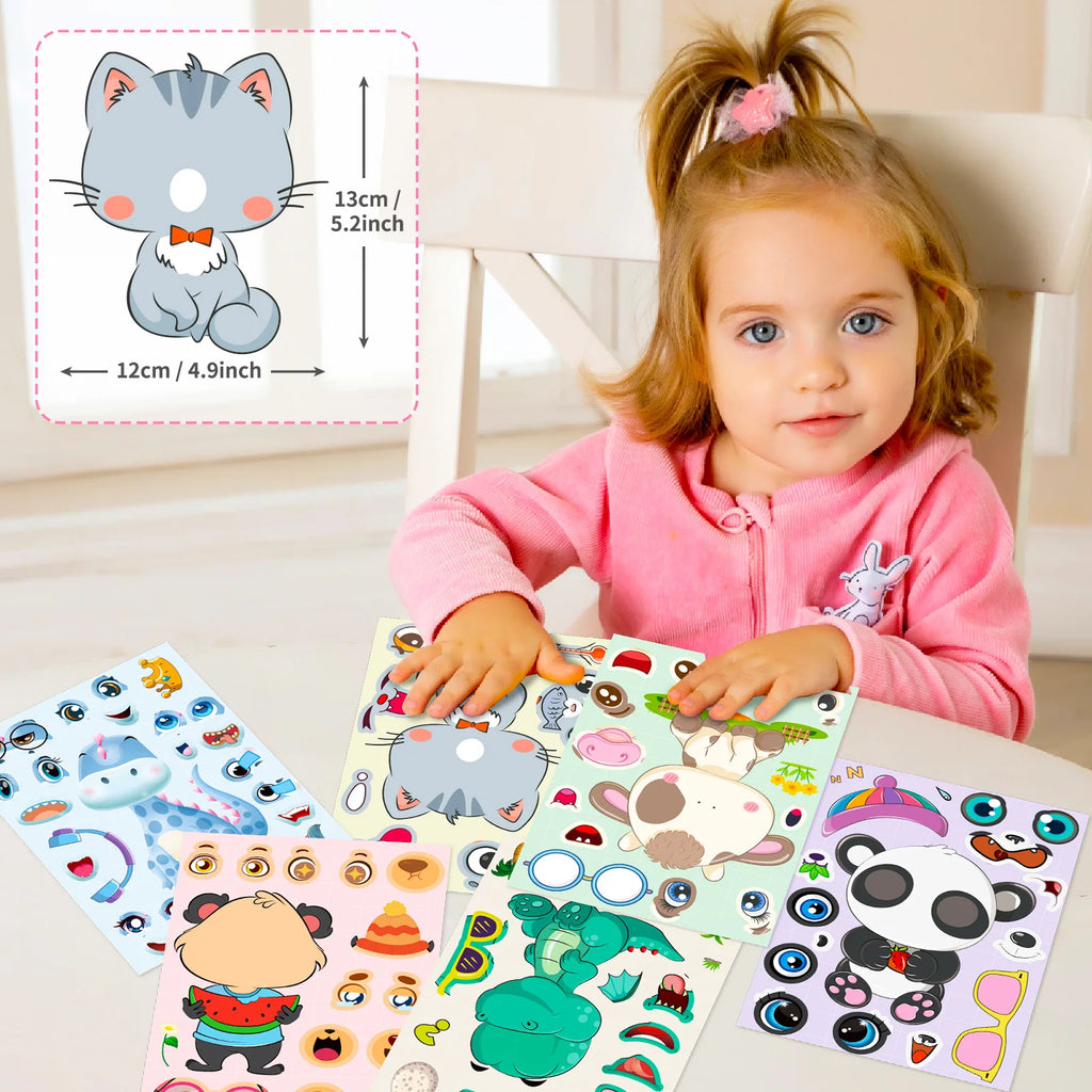 6/12 Pcs Large Cartoon Animal Make A Face Puzzle Relocatable Stickers DIY Game for Scrapbook Desk Stationery Box Helmet Phone