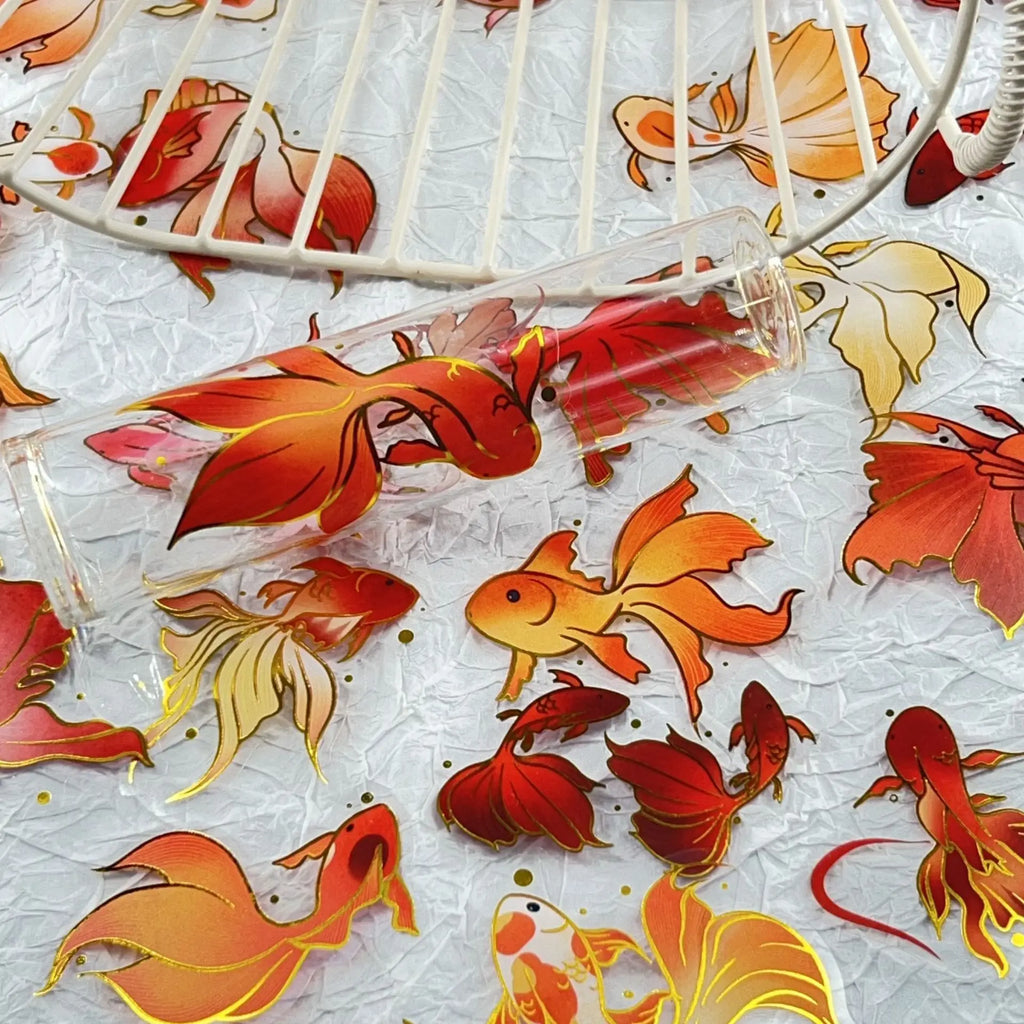 50/100 Pcs Exquisite Cartoon Gold Foil Koi PET Clear Waterproof Stickers for Phone Window Lunch Box Helmet Guitar Piano Laptop