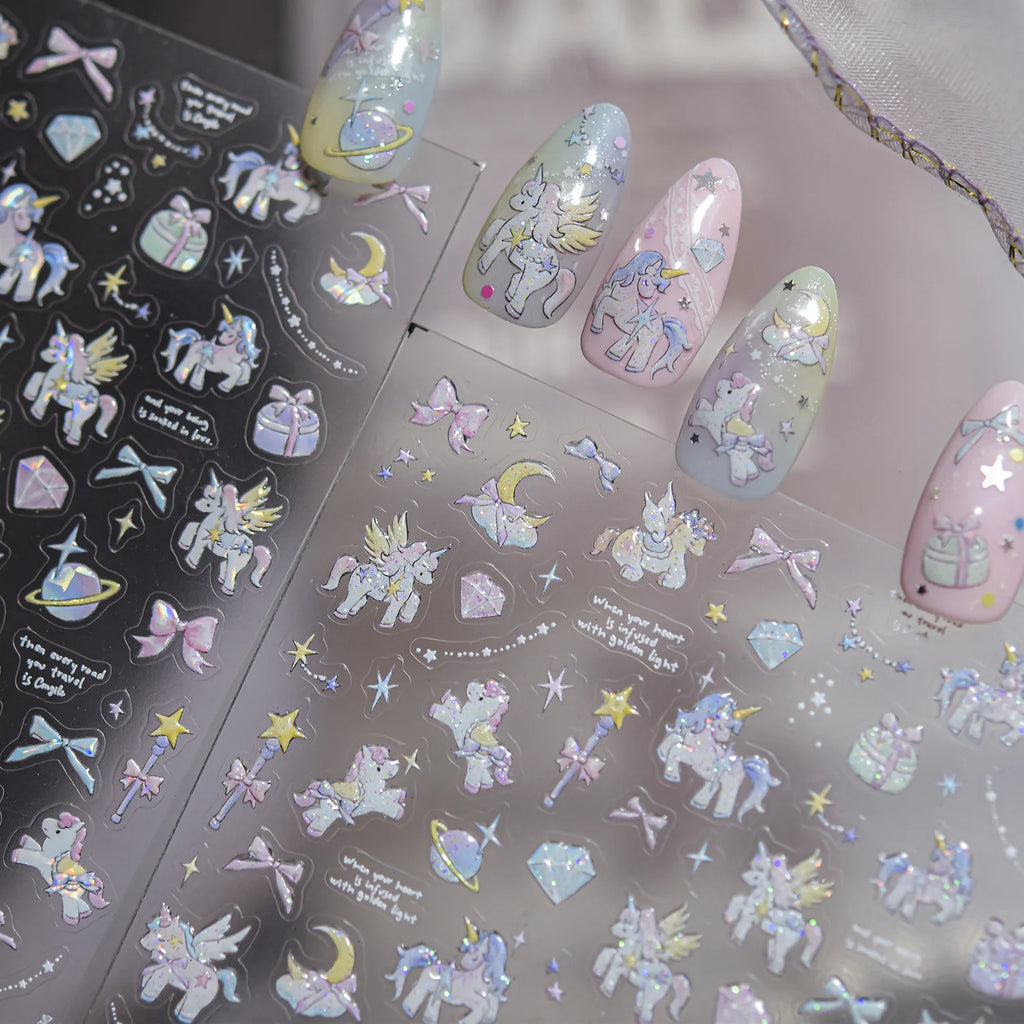 Glitter Starry Sky Dream Horse Nail 3D Decorations Stickers 5D Shell Light Dreamy Nail Art Stickers Self Adhesive Manicure Decal