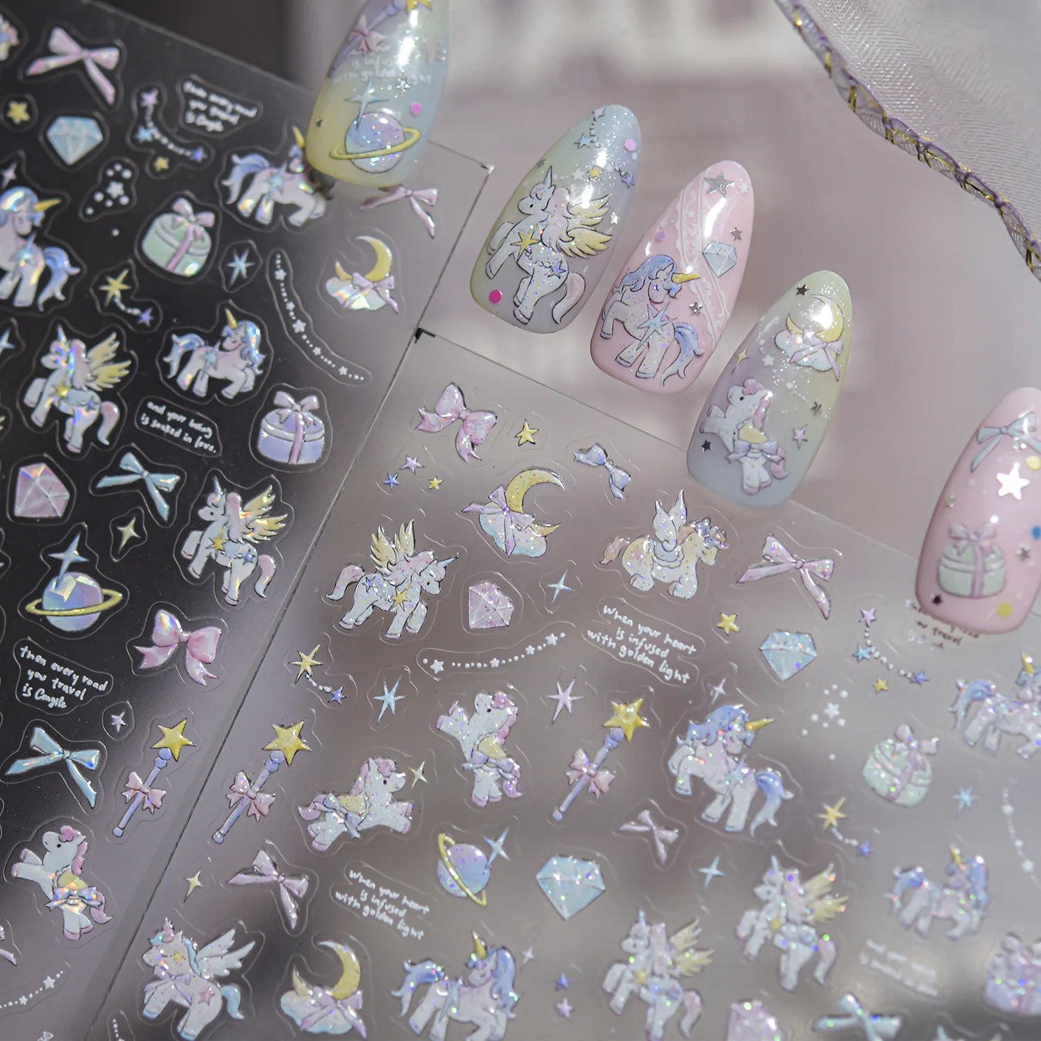 Glitter Starry Sky Dream Horse Nail 3D Decorations Stickers 5D Shell Light Dreamy Nail Art Stickers Self Adhesive Manicure Decal