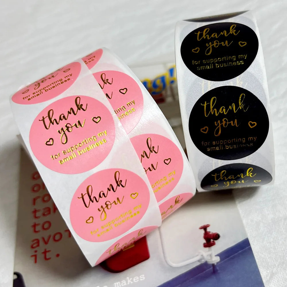 500Pcs/Roll Gilding Thank You for Supporting My Small Business Stickers Pink/Black 2.5cm/1.0inch Perfect for Aftercare