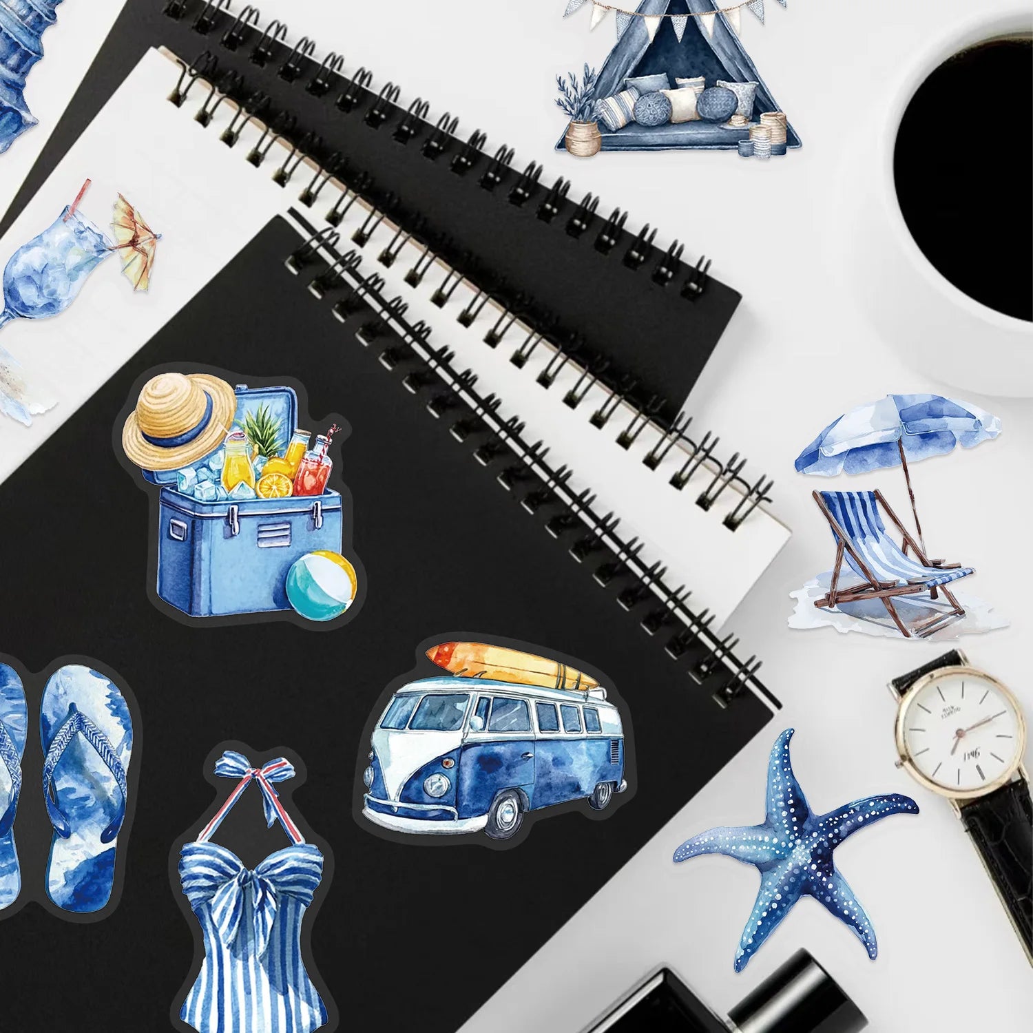 50/100 PCS Blue Beach Sticker Pack Waterproof Transparent PET Cartoon Decorative Guitar Notebook Stickers