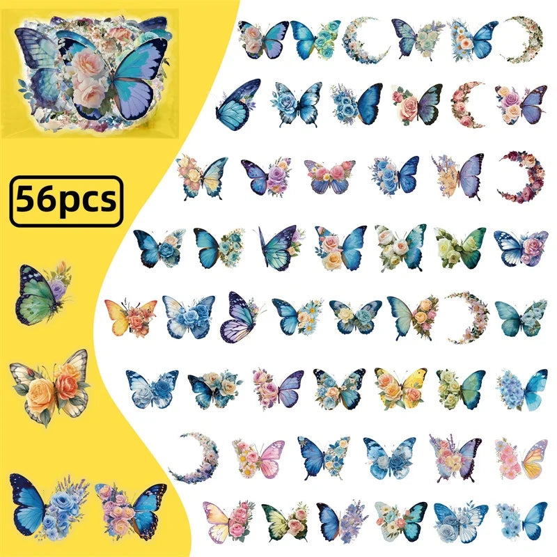 56PCS Cartoon Blue Butterfly PET Sticky Sticker Aesthetic Tear Open DIY Decoration Scrapbooking Sketchbook Supplies for Kids