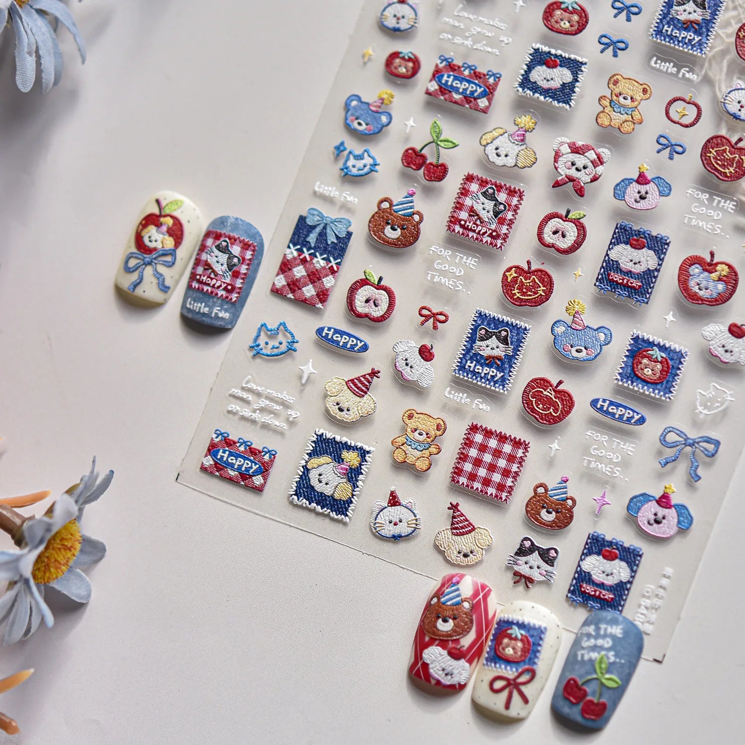 Cute Teddy Bear Sweet Home Nail Stickers 5D Softs Embossed Reliefs Nail Sticker Cherry Apple Cowboy Bow Nails Decorations Decals
