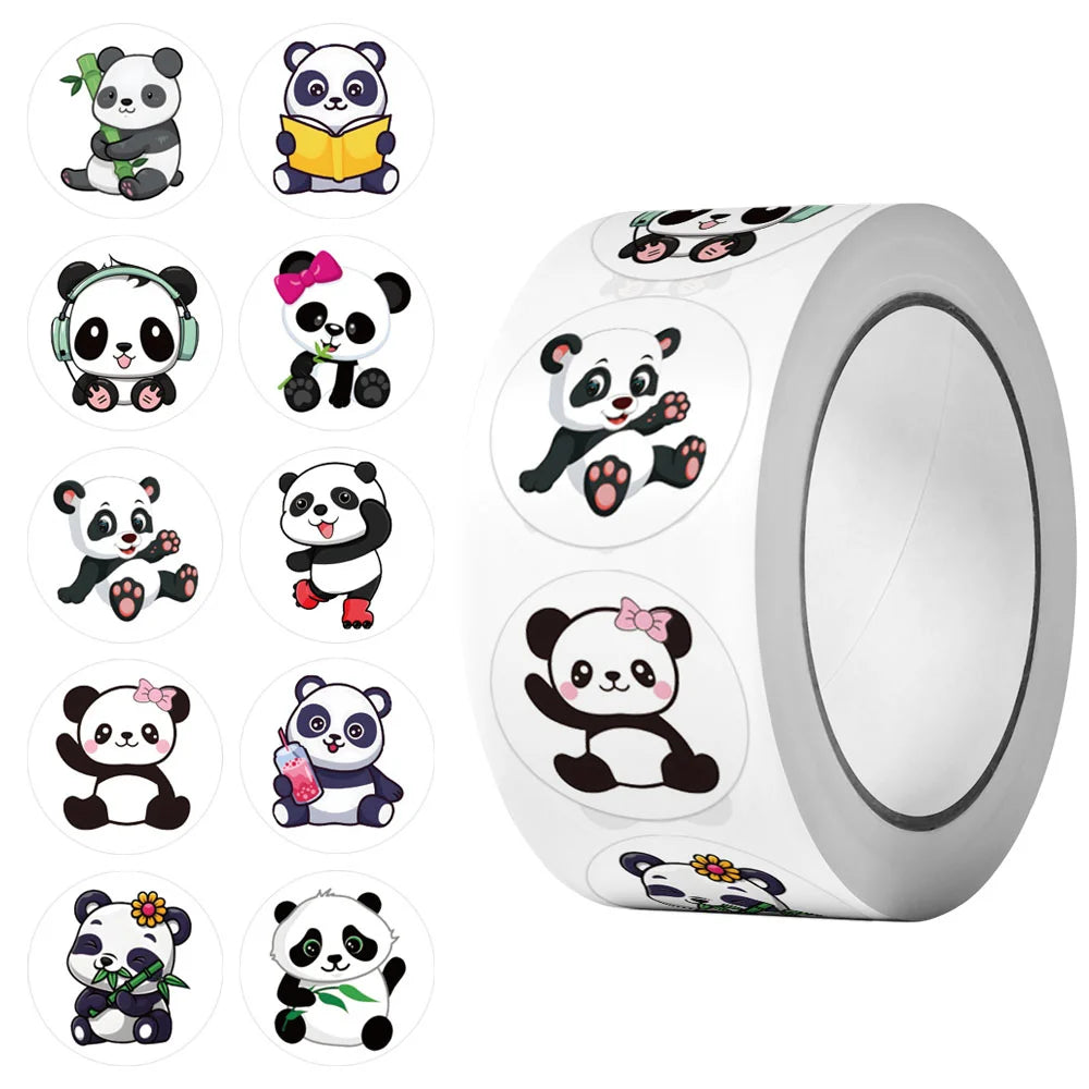 1Roll(500pcs) 1'' Round Cartoon Reward Pandas Stickers for Kids Teacher Reward School Supplies Animal Incentive Home Decor