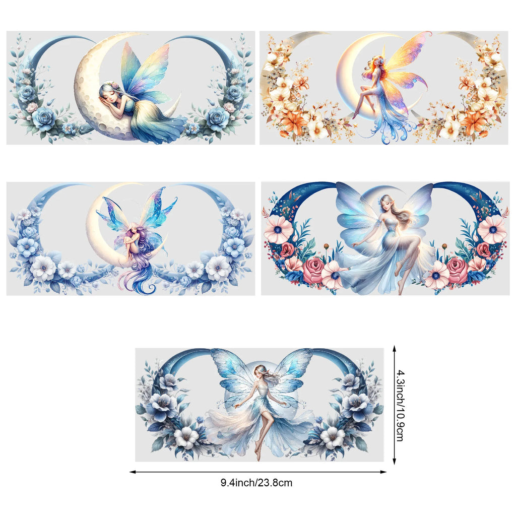 5 Sheets Moon Fairy UV DTF Cup Stickers, Glass Cup DTF Transfer Stickers, Waterproof Wipeable Transfer Paper