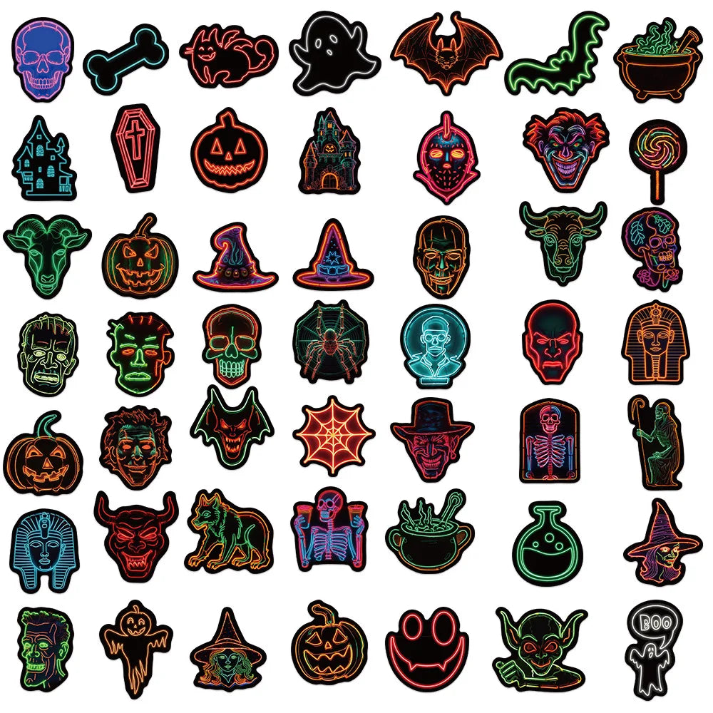 50PCS Neon lights Halloween Stickers Japanese Style Aesthetic Pumpkin Harajuku Cartoon Happy Halloween Paper Wall Room Bar Decor