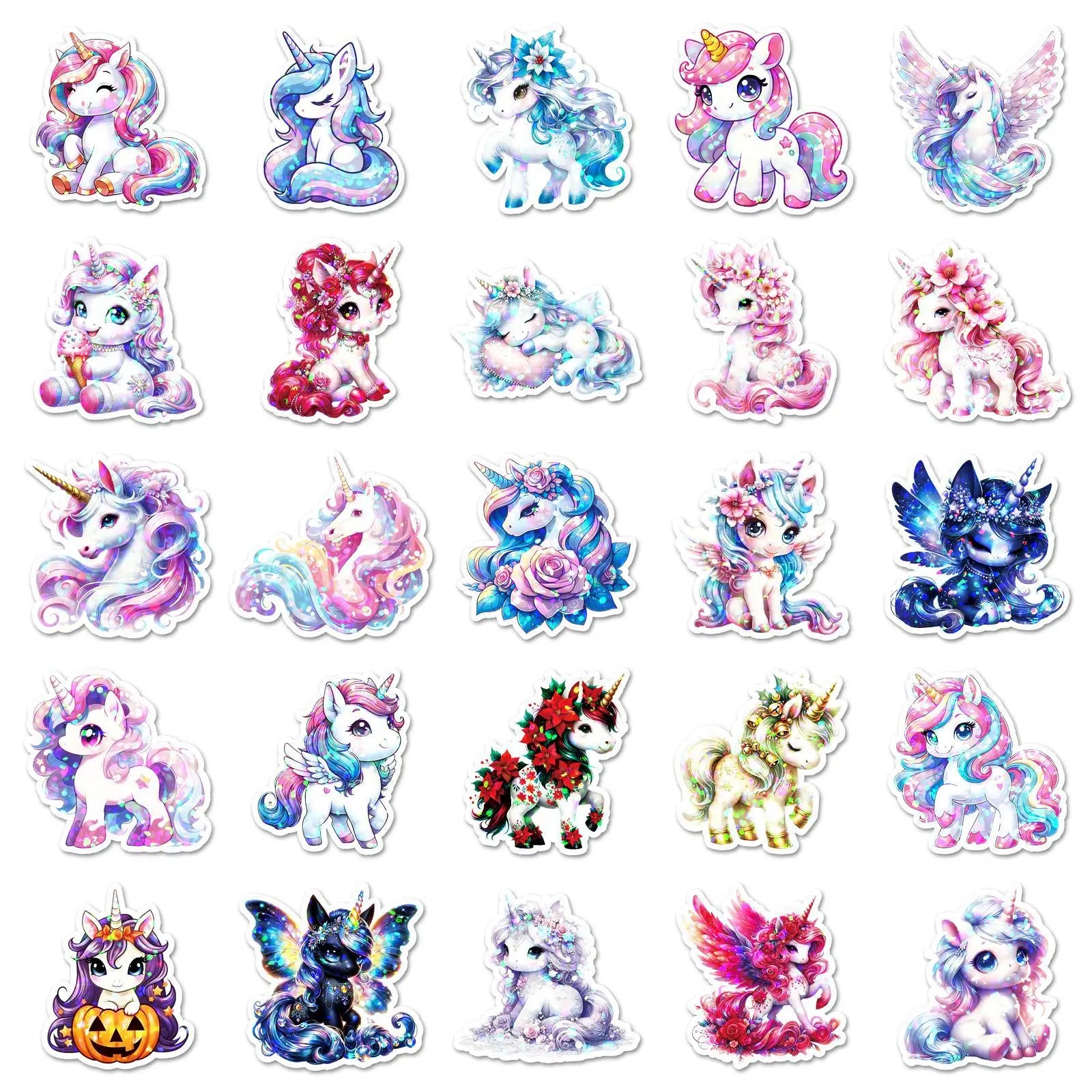 50PCS Flash Film Laser Unicorn Stickers Cute Cartoon Animal Phone Computer Stationery Notebook Waterproof Decoration Stickert
