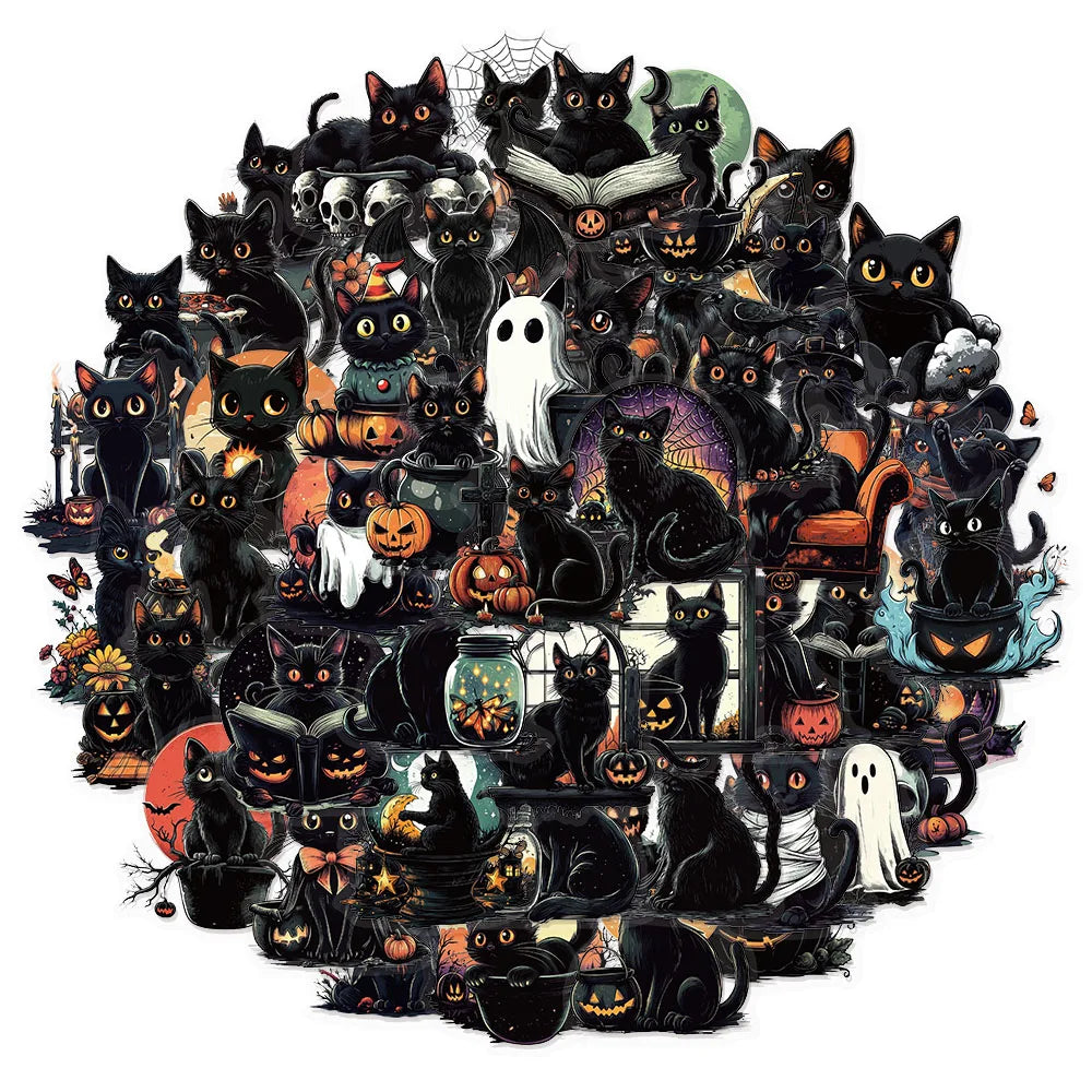 50PCS Halloween Black Cat Fun PET Stickers Decoration Computer Scrapbook Refrigerator Phone Case Speaker Guitar Toy Stickers