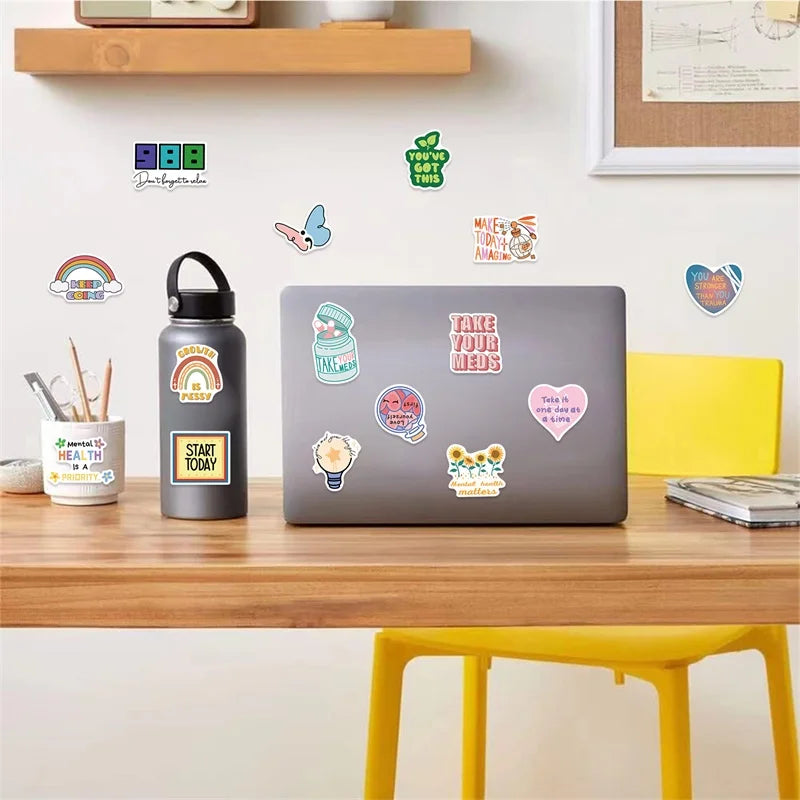 10/30/50PCS Cartoon Mental Health PVC Sticky Sticker Aesthetic DIY Stationery Decoration Scrapbooking School Supplies for Kids