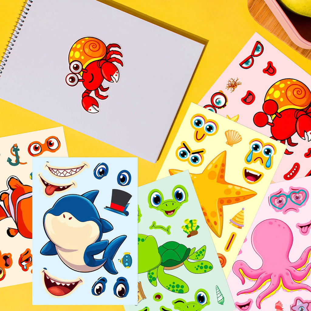 6/12 Pcs Large New Marine Life Puzzle Make A Face Stickers for Stationery Box Laptop Wall Notebook DIY Game Decals