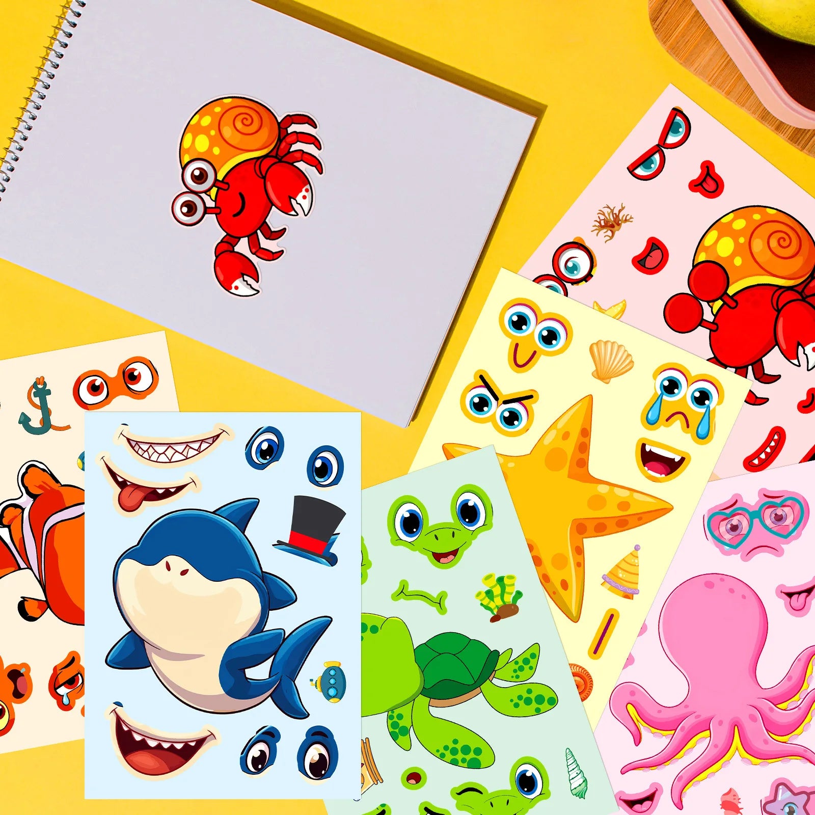 6/12 Pcs Large New Marine Life Puzzle Make A Face Stickers for Stationery Box Laptop Wall Notebook DIY Game Decals
