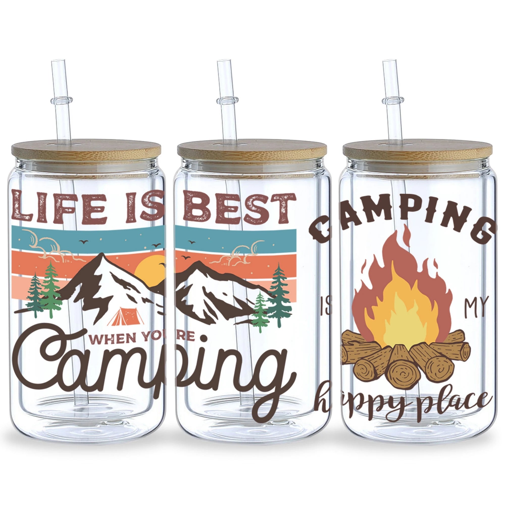 5 sheets Camping UV DTF Cup Stickers, Glass Cup Sports DTF Transfer Stickers, Waterproof Wipeable Transfer Paper