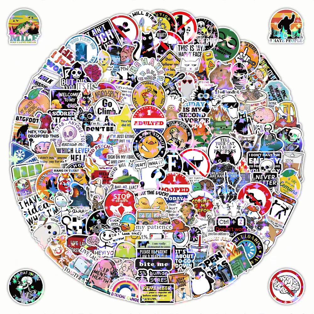 100/200PCS Funny Laser Flash Graffiti Stickers Decoration Laptop Skin Helme Luggage Stationery Notebook Waterproof Stickers