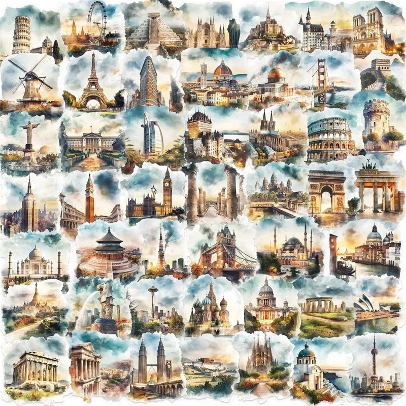 50PCS World Architecture PET Sticky Sticker Aesthetic Tear Open Decoration Scrapbooking Stationery Supplies for Kids