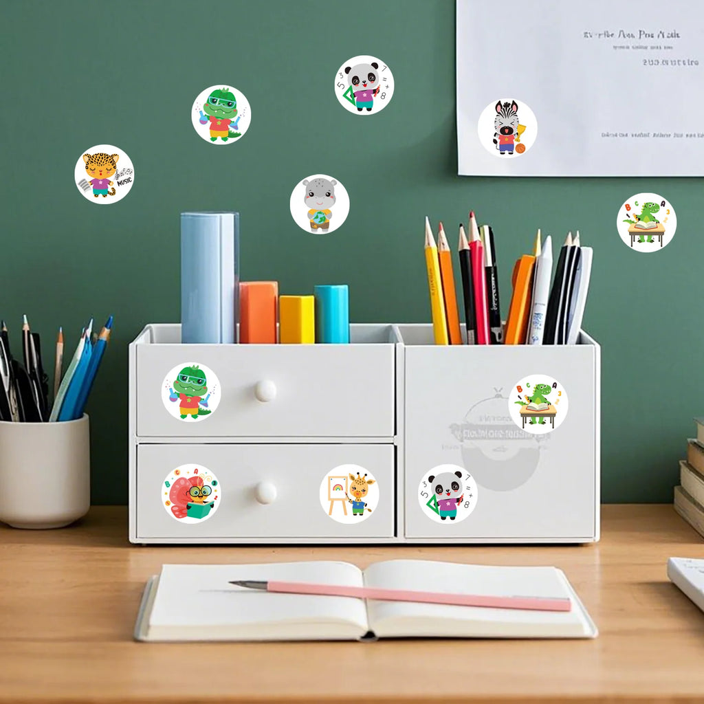 1Roll(500Pcs) Learning Animals Reward Stickers for Students 1.0'' Round 8 Designs Decal Diy Adorn Gifts Package Home Decoration