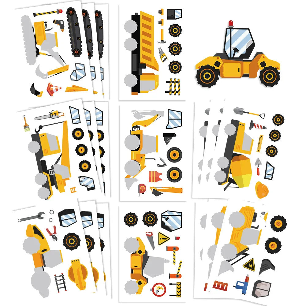 8 Pcs Cartoon Racing Cars, Engineering Cars Make a Face Stickers, DIY Handmade Account, Notebook Decoration Stickers