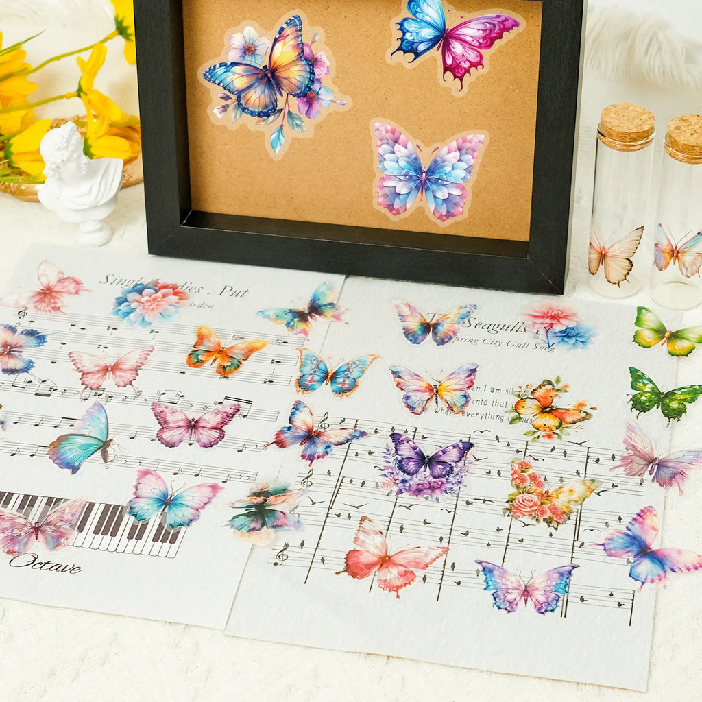 50 Pcs PET Colorful Butterfly Stickers Waterproof DIY Water Cup Phone Case Decoration Cute Butterfly Sticker