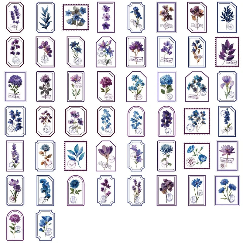 50PCS Cute Blue Purple Flower PET Phone Sticker Aesthetic Tear Open Colored Decoration DIY Laptop Luggage Graffiti Decals