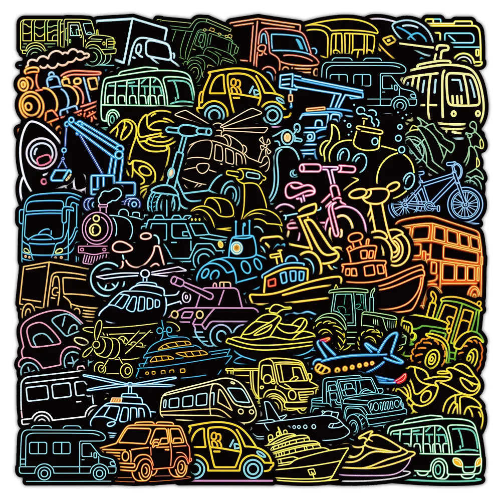 50/100 Pcs Neon Vehicle Cartoon Car Airplane Series Stickers for Helmet Skateboard Cup Laptop Phone Stationery Box Decals