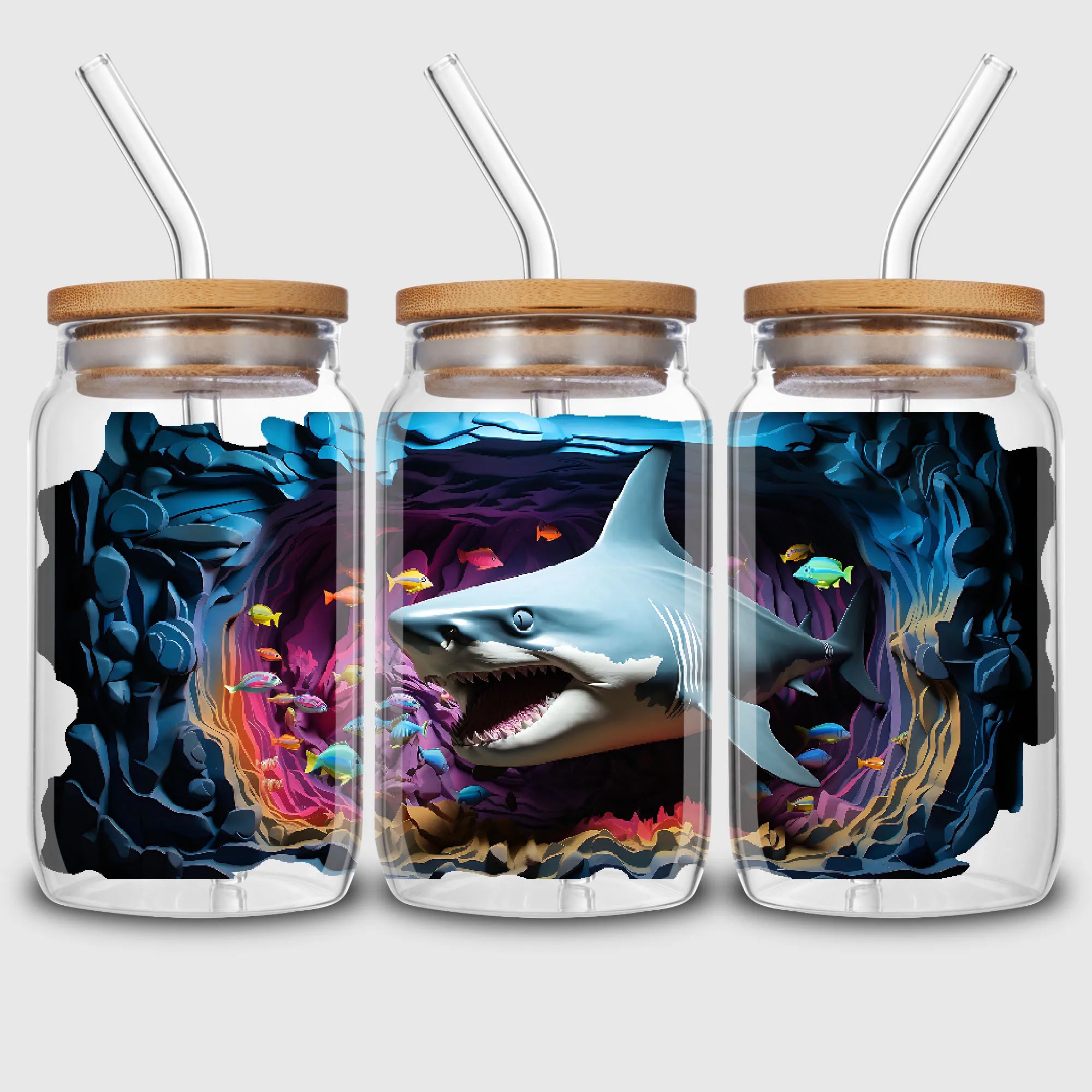 5 Sheets Shark UV DTF Cup Stickers, Glass Cup DTF Transfer Stickers, Waterproof Cartoon Wipeable Transfer Paper