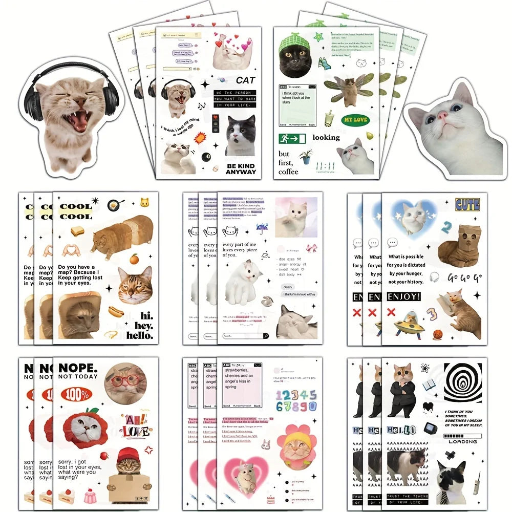8/16Pcs cat expression on Instagram Collage Sticker Nostalgia Cartoon Skateboards Motorcycles Bicycle Landscape Funny Stickers