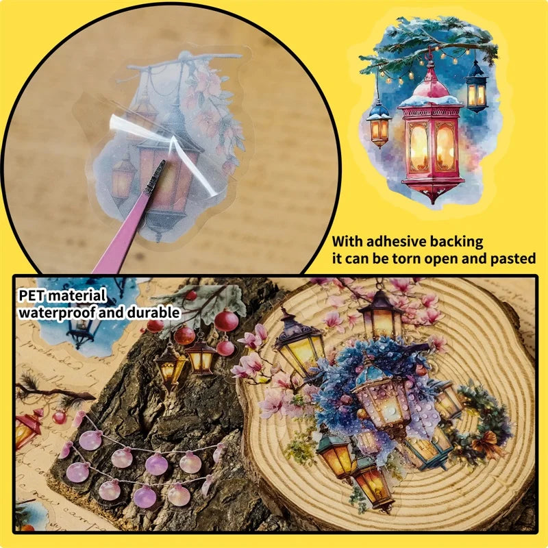 56PCS Vintage Lamp PET Sticky Sticker Aesthetic Tear Open DIY Colored Decoration Scrapbooking Sketchbook Supplies for Kids