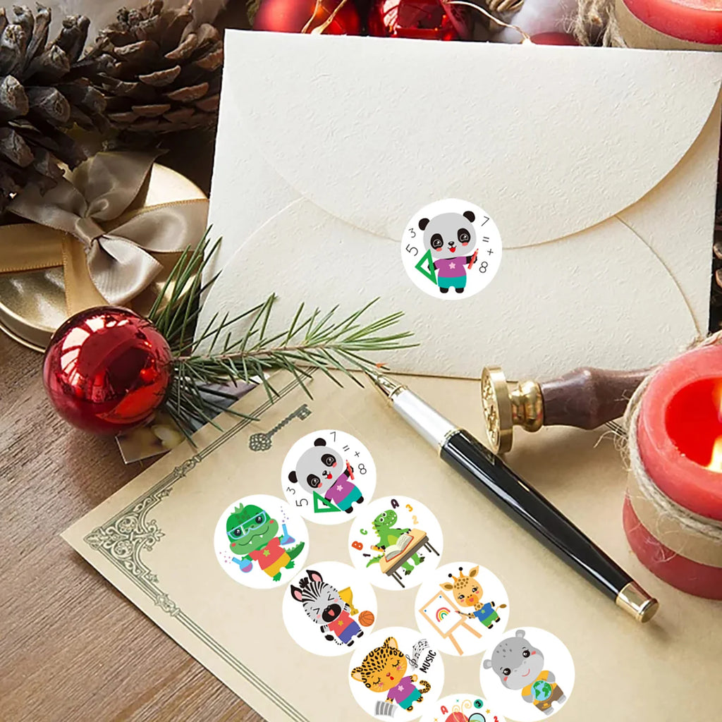 1Roll(500Pcs) Learning Animals Reward Stickers for Students 1.0'' Round 8 Designs Decal Diy Adorn Gifts Package Home Decoration