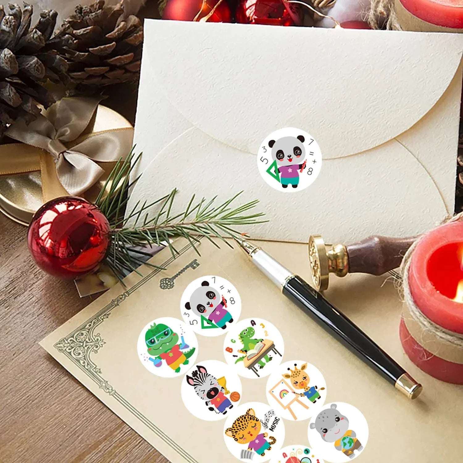 1Roll(500Pcs) Learning Animals Reward Stickers for Students 1.0'' Round 8 Designs Decal Diy Adorn Gifts Package Home Decoration