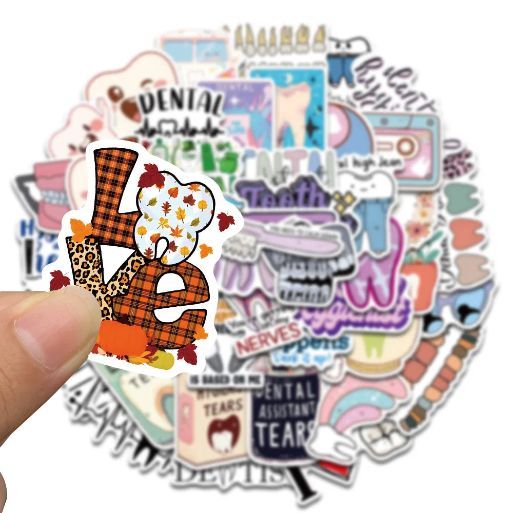 50PCS Dental Stickers Dentist Scrapbook Graffiti Laptop DIY Dentist Store Health Luggage Cartoon Graffiti Exquisite Stickers