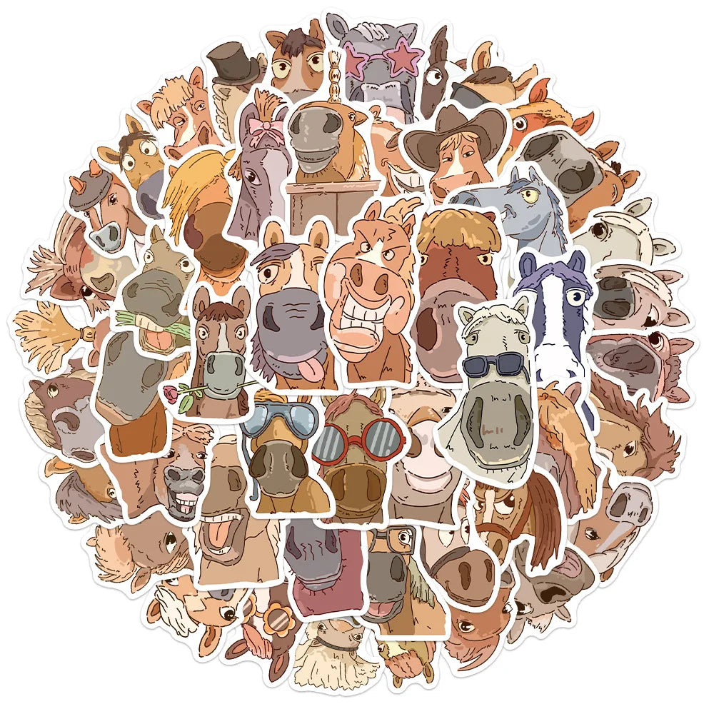 50-Pack Cartoon Horse Fun Emotion Doodle Stickers for Student Stationery Guitar Notebook Luggage DIY Waterproof Decals