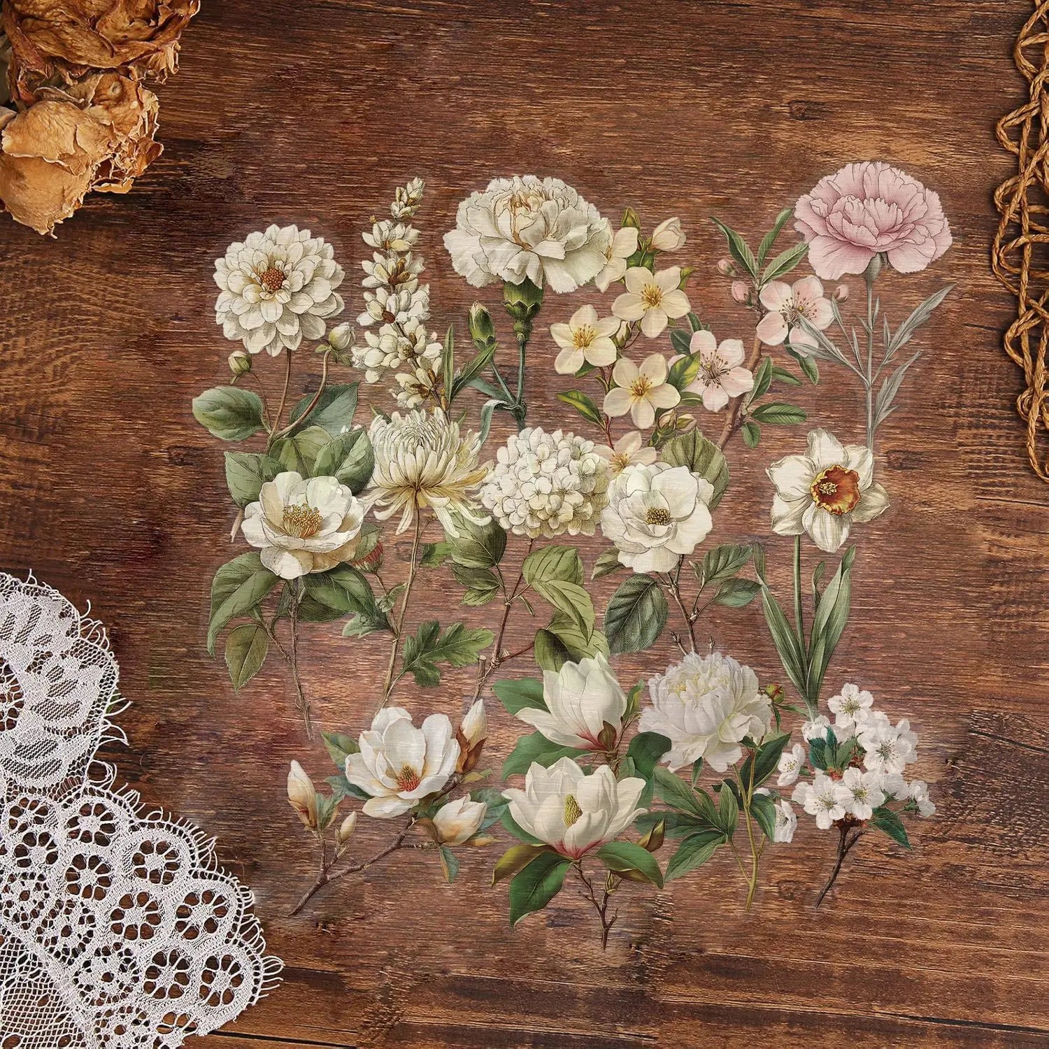 50/100PCS Transparent Retro Long Branch Flower Sticker Pack Waterproof Transparent PET Decorative Guitar Notebook Stickers